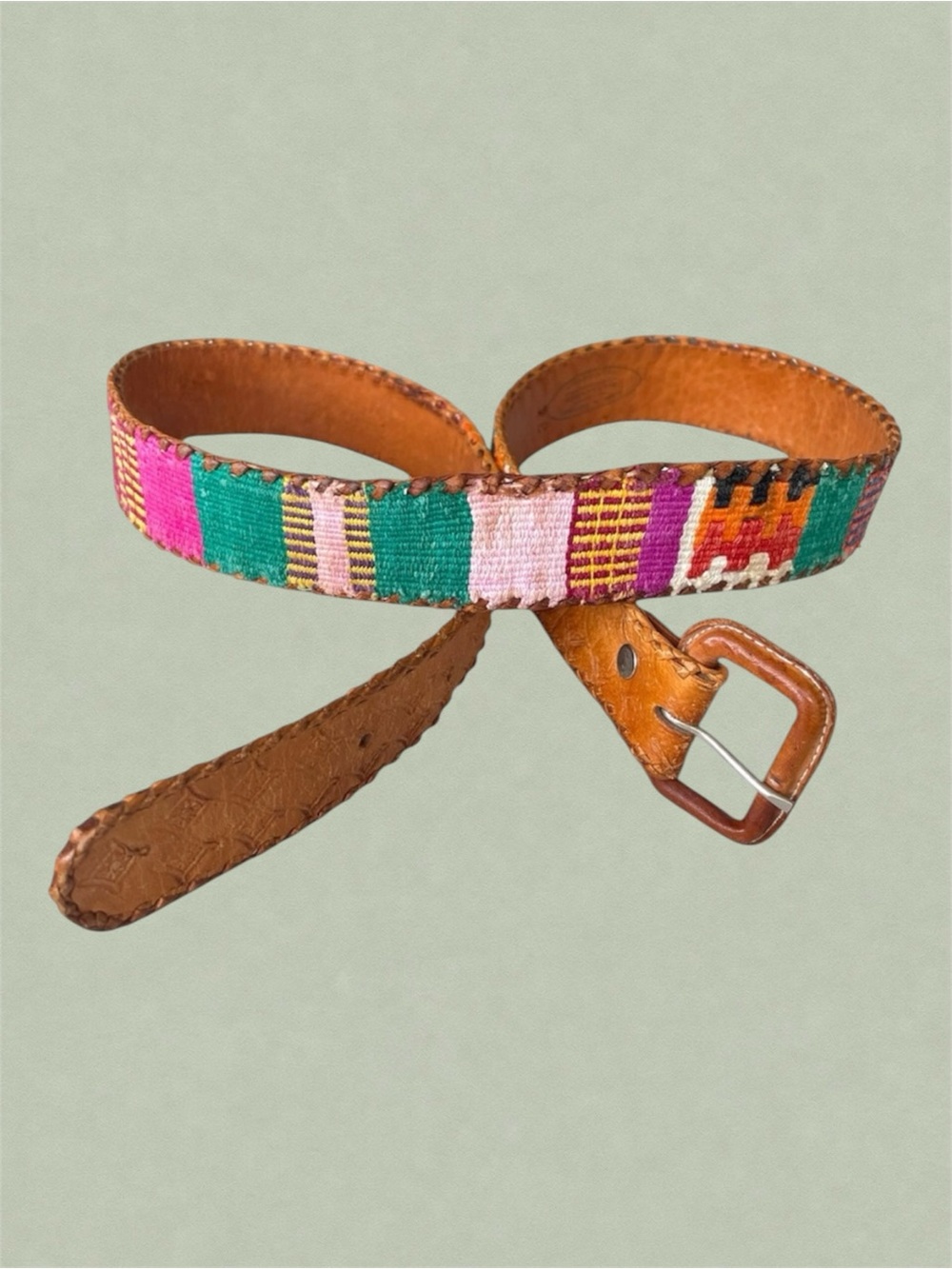 Vintage Boho Guatemalan Woven Belt Leather Cotton Handcrafted Size S/M